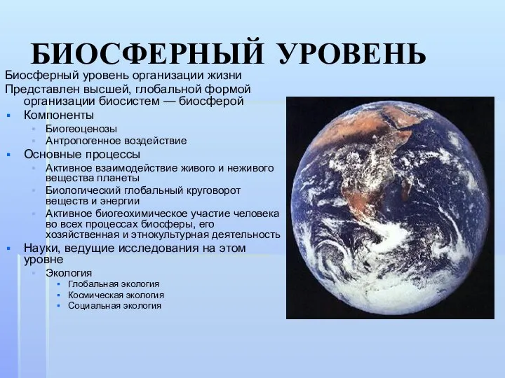 БИОСФЕРНЫЙ УРОВЕНЬ Биосферный уровень организации жизни Представлен высшей, глобальной формой организации