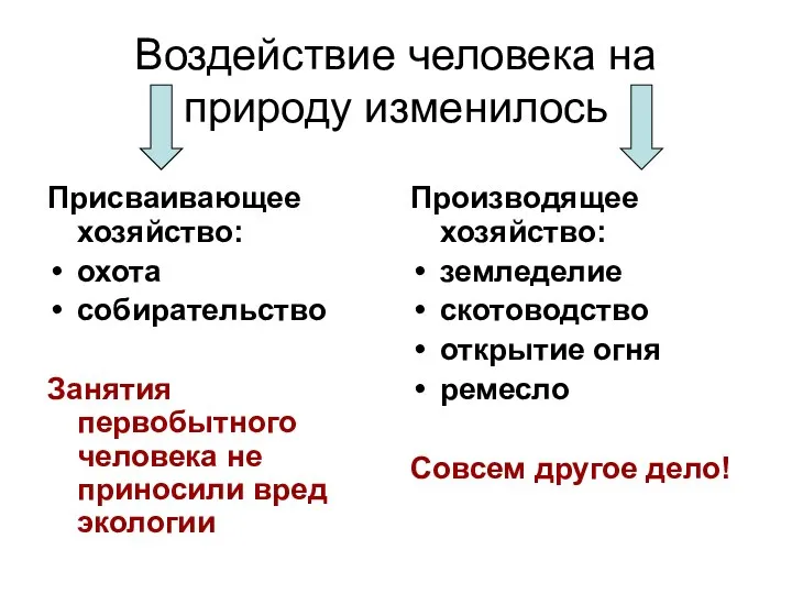 Воздействие человека на природу изменилось Присваивающее хозяйство: охота собирательство Занятия первобытного