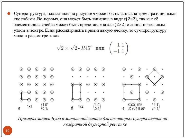Примеры записи Вуда и матричной записи для некоторых суперрешеток на квадратной