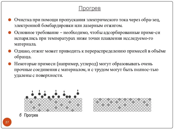 Прогрев Очистка при помощи пропускания электрического тока через обра-зец, электронной бомбардировки