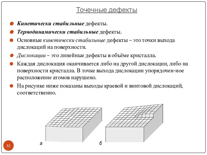 Точечные дефекты Кинетически стабильные дефекты. Термодинамически стабильные дефекты. Основные кинетически стабильные