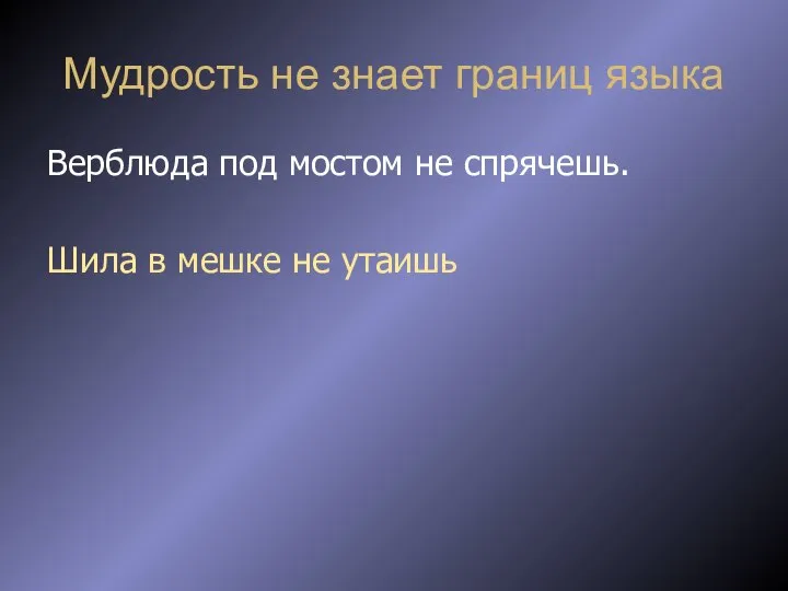 Мудрость не знает границ языка Верблюда под мостом не спрячешь. Шила в мешке не утаишь