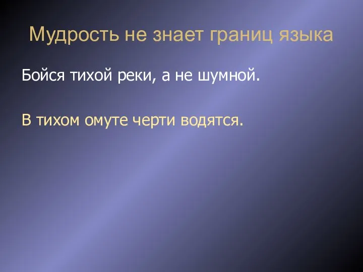 Мудрость не знает границ языка Бойся тихой реки, а не шумной. В тихом омуте черти водятся.