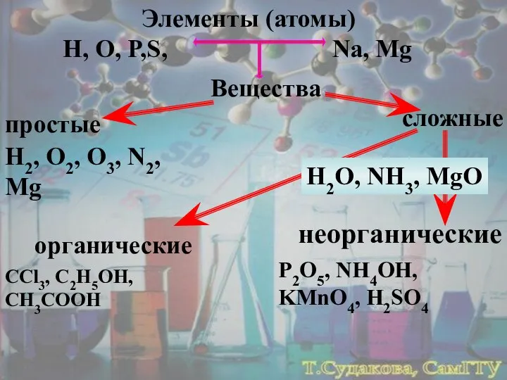 Элементы (атомы) H, O, P,S, Na, Mg Вещества простые сложные H2,