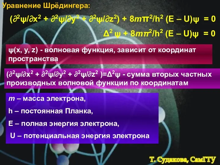 Уравнение Шрёдингера: (∂2ψ/∂х2 + ∂2ψ/∂y2 + ∂2ψ/∂z2) + 8mπ2/h2 (E –