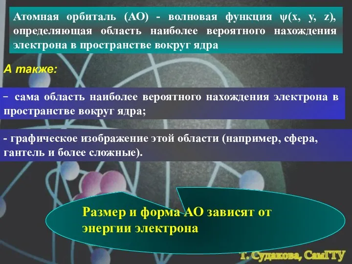 Атомная орбиталь (АО) - волновая функция ψ(x, y, z), определяющая область