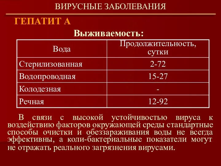 ГЕПАТИТ А ВИРУСНЫЕ ЗАБОЛЕВАНИЯ Выживаемость: В связи с высокой устойчивостью вируса