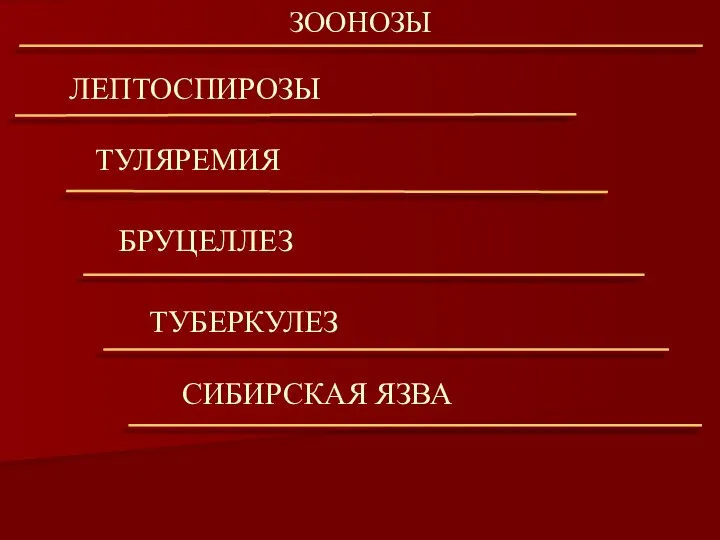 ЛЕПТОСПИРОЗЫ ЗООНОЗЫ ТУЛЯРЕМИЯ БРУЦЕЛЛЕЗ ТУБЕРКУЛЕЗ СИБИРСКАЯ ЯЗВА