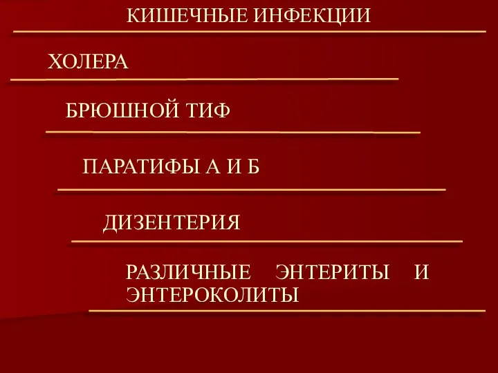 ХОЛЕРА КИШЕЧНЫЕ ИНФЕКЦИИ БРЮШНОЙ ТИФ ПАРАТИФЫ А И Б ДИЗЕНТЕРИЯ РАЗЛИЧНЫЕ ЭНТЕРИТЫ И ЭНТЕРОКОЛИТЫ