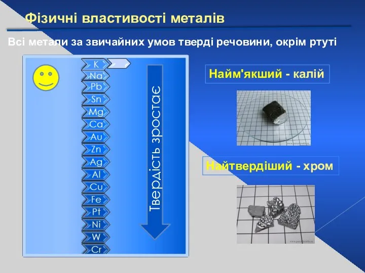 Фізичні властивості металів Всі метали за звичайних умов тверді речовини, окрім