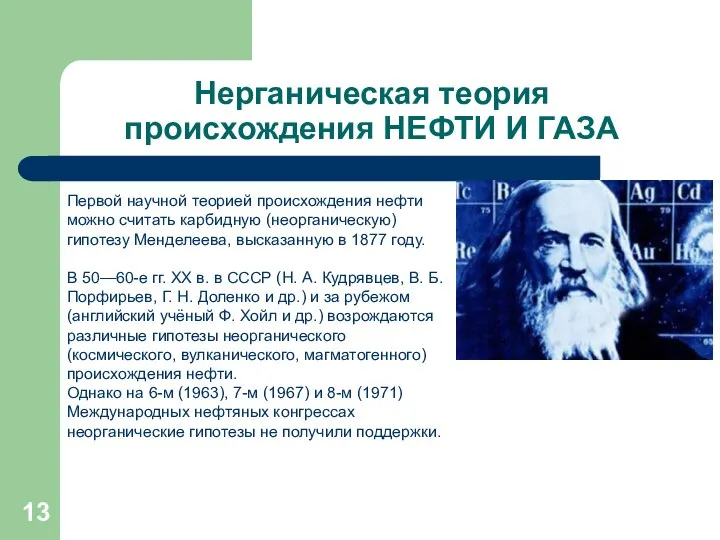 Первой научной теорией происхождения нефти можно считать карбидную (неорганическую) гипотезу Менделеева,