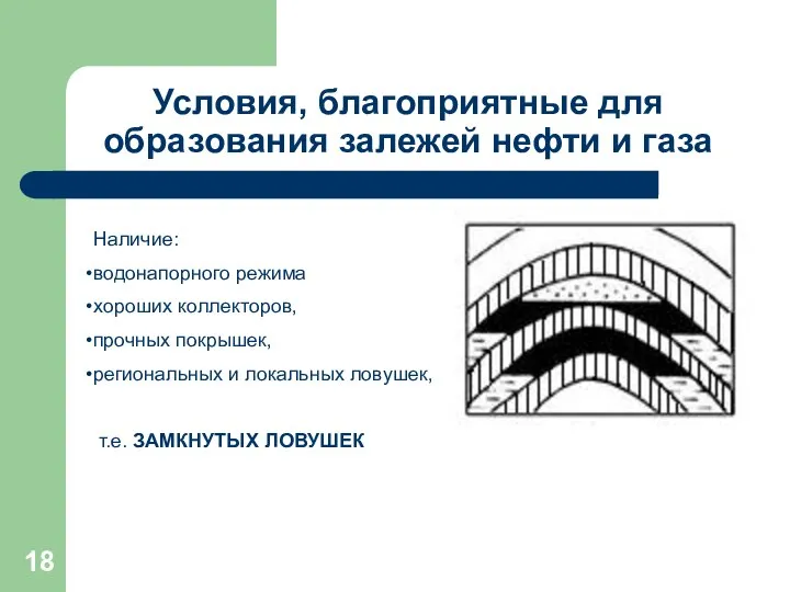 Условия, благоприятные для образования залежей нефти и газа Наличие: водонапорного режима