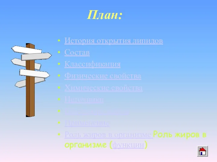 План: История открытия липидов Состав Классификация Физические свойства Химические свойства Источники