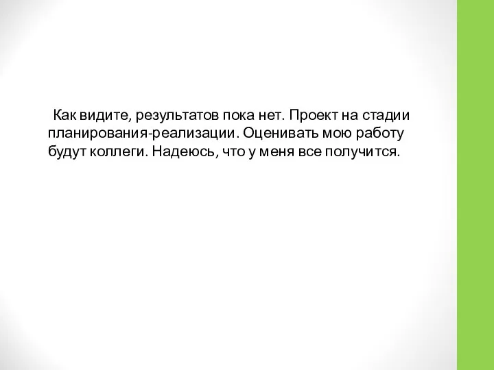 Как видите, результатов пока нет. Проект на стадии планирования-реализации. Оценивать мою