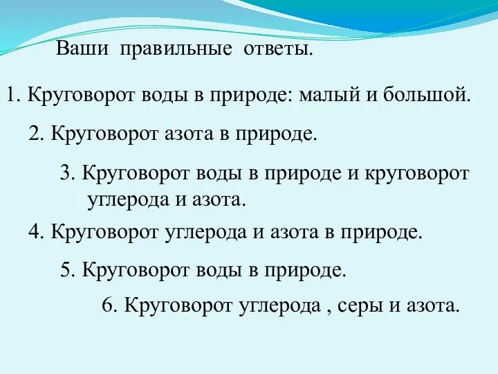 Ваши правильные ответы. 1. Круговорот воды в природе: малый и большой.