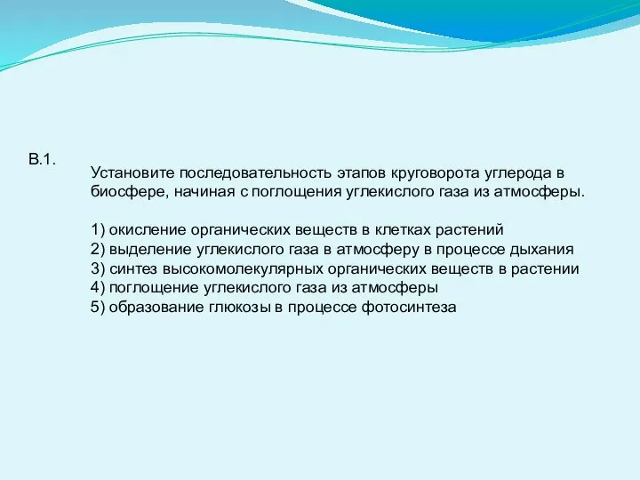 В.1. Установите последовательность этапов круговорота углерода в биосфере, начиная с поглощения