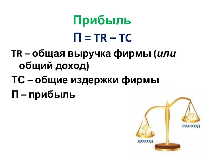 Прибыль П = TR – TC TR – общая выручка фирмы