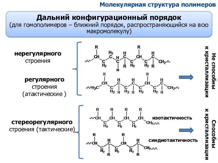 нерегулярного строения регулярного строения (атактические ) стереорегулярного строения (тактические) Способны к