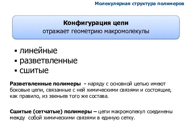 Молекулярная структура полимеров Конфигурация цепи отражает геометрию макромолекулы линейные разветвленные сшитые