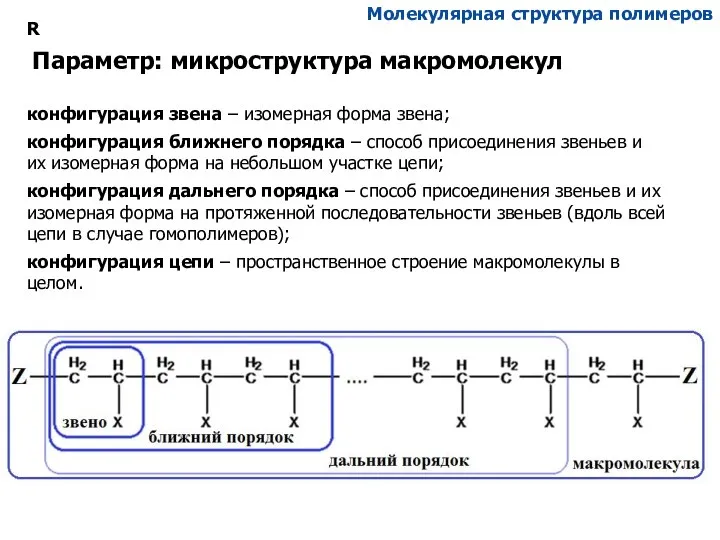 Молекулярная структура полимеров Параметр: микроструктура макромолекул конфигурация звена – изомерная форма