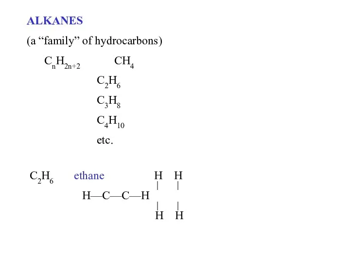 ALKANES (a “family” of hydrocarbons) CnH2n+2 CH4 C2H6 C3H8 C4H10 etc.