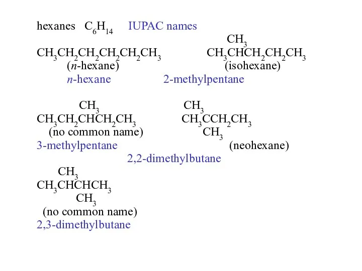 hexanes C6H14 IUPAC names CH3 CH3CH2CH2CH2CH2CH3 CH3CHCH2CH2CH3 (n-hexane) (isohexane) n-hexane 2-methylpentane