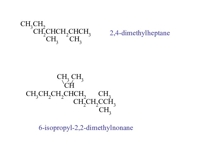 CH3CH2 CH2CHCH2CHCH3 CH3 CH3 2,4-dimethylheptane CH3 CH3 CH CH3CH2CH2CHCH2 CH3 CH2CH2CCH3 CH3 6-isopropyl-2,2-dimethylnonane