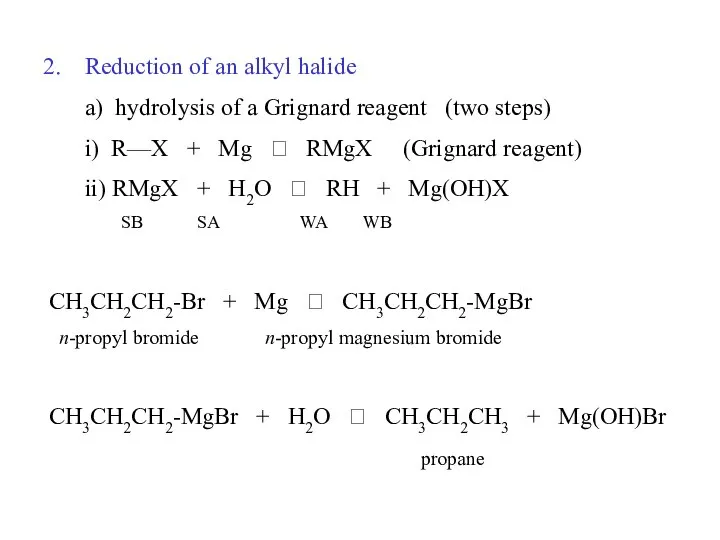 Reduction of an alkyl halide a) hydrolysis of a Grignard reagent