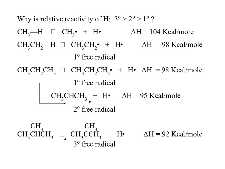 Why is relative reactivity of H: 3o > 2o > 1o