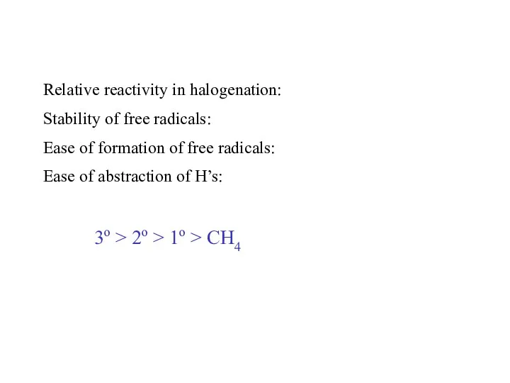 Relative reactivity in halogenation: Stability of free radicals: Ease of formation