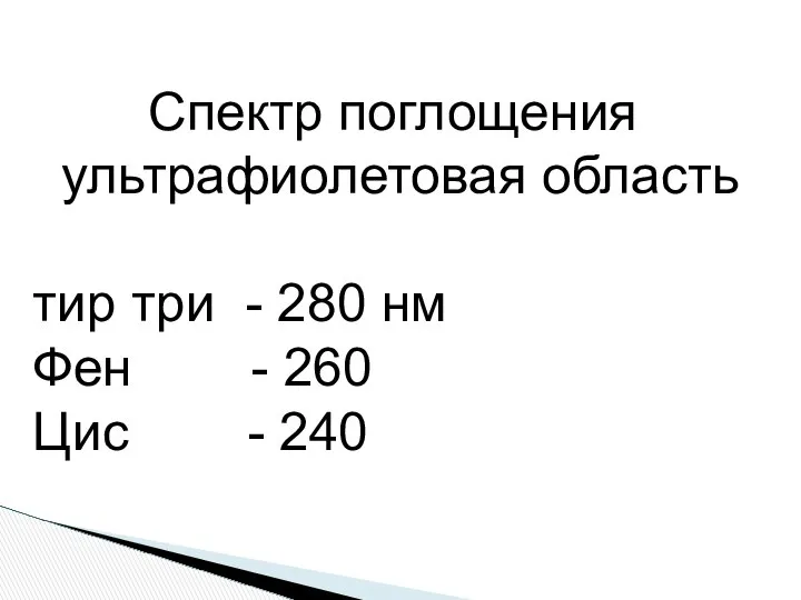 Спектр поглощения ультрафиолетовая область тир три - 280 нм Фен - 260 Цис - 240