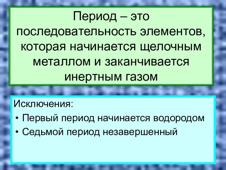 Период – это последовательность элементов, которая начинается щелочным металлом и заканчивается