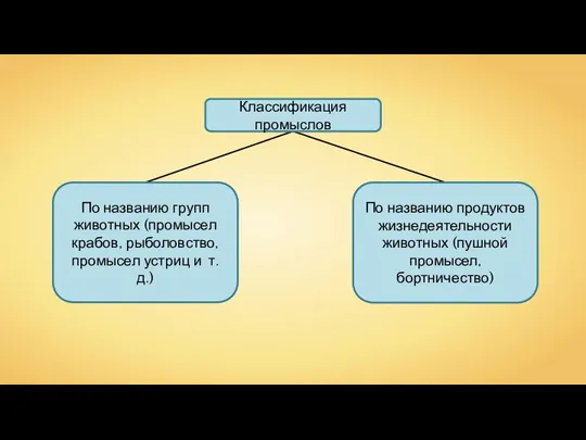 Классификация промыслов По названию групп животных (промысел крабов, рыболовство, промысел устриц