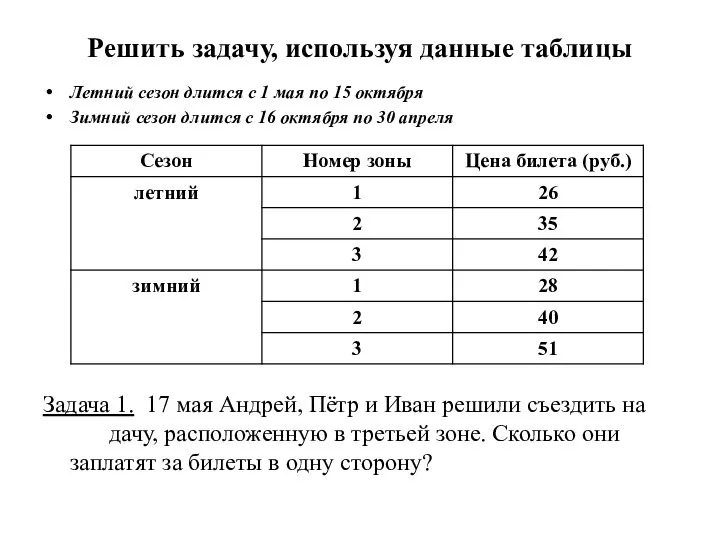 Решить задачу, используя данные таблицы Летний сезон длится с 1 мая