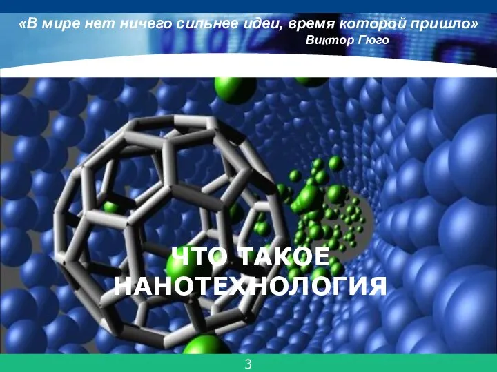 ЧТО ТАКОЕ НАНОТЕХНОЛОГИЯ 3 «В мире нет ничего сильнее идеи, время которой пришло» Виктор Гюго