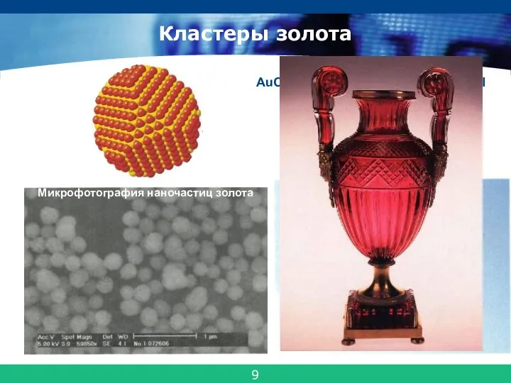 Кластеры золота Микрофотография наночастиц золота AuCl3 + 3H2O + P =