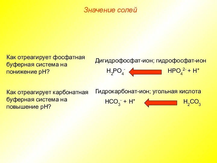 Дигидрофосфат-ион; гидрофосфат-ион Н2РО4- НРО42- + Н+ Гидрокарбонат-ион; угольная кислота НСО3- +