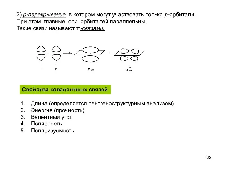 2) p-перекрывание, в котором могут участвовать только p-орбитали. При этом главные