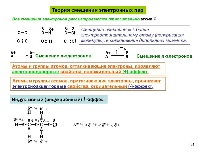 Теория смещения электронных пар Смещение электронов к более электроотрицательному атому (поляризация