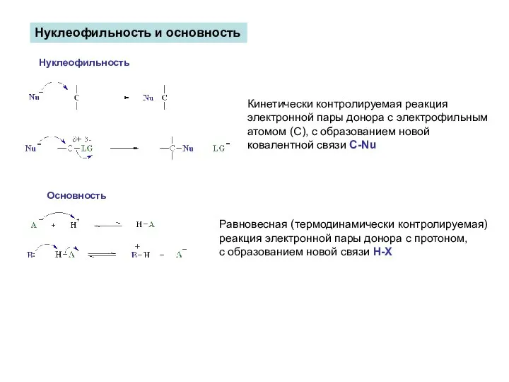 Нуклеофильность и основность Нуклеофильность Кинетически контролируемая реакция электронной пары донора с