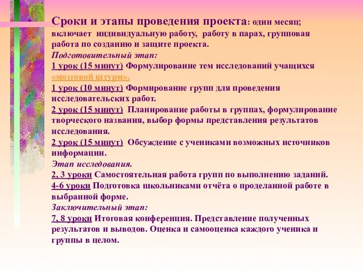 Сроки и этапы проведения проекта: один месяц; включает индивидуальную работу, работу