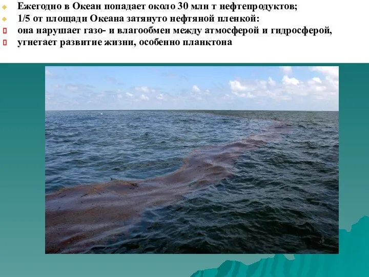 Ежегодно в Океан попадает около 30 млн т нефтепродуктов; 1/5 от