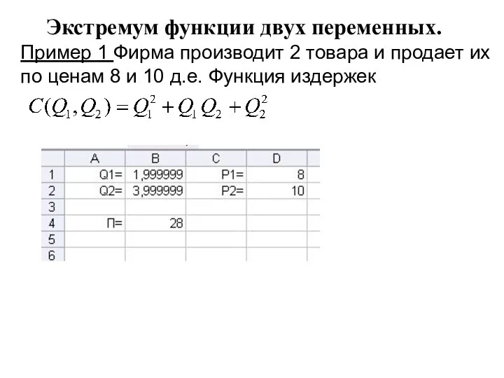 Экстремум функции двух переменных. Пример 1 Фирма производит 2 товара и