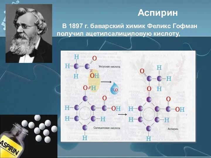 Аспирин В 1897 г. баварский химик Феликс Гофман получил ацетилсалициловую кислоту,