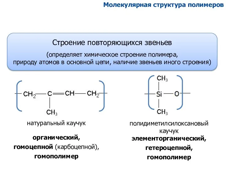 натуральный каучук органический, гомоцепной (карбоцепной), гомополимер полидиметилсилоксановый каучук элементорганический, гетероцепной, гомополимер