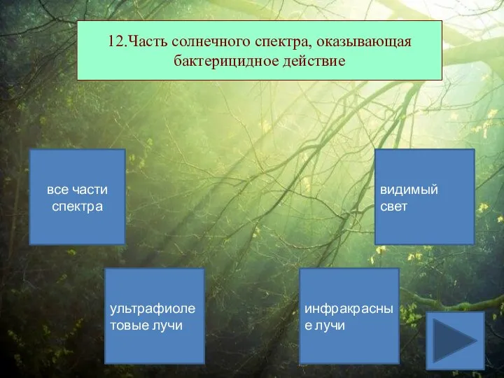 12.Часть солнечного спектра, оказывающая бактерицидное действие все части спектра инфракрасные лучи видимый свет ультрафиолетовые лучи