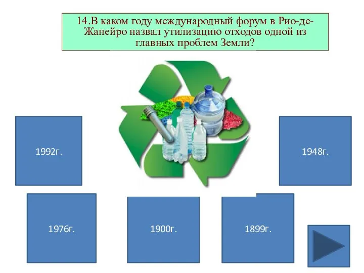 1992г. 1976г. 1899г. 1948г. 14.В каком году международный форум в Рио-де-Жанейро