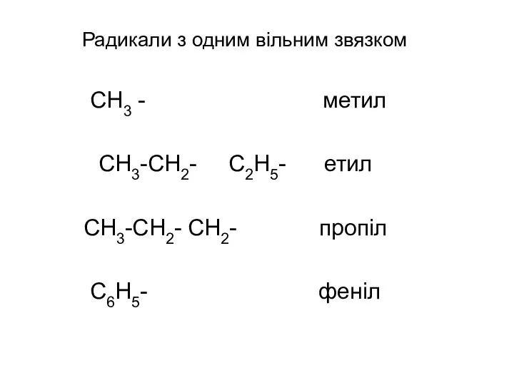 Радикали з одним вільним звязком СН3 - метил СН3-СН2- С2Н5- етил СН3-СН2- СН2- пропіл С6Н5- феніл