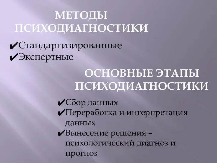 МЕТОДЫ ПСИХОДИАГНОСТИКИ Стандартизированные Экспертные ОСНОВНЫЕ ЭТАПЫ ПСИХОДИАГНОСТИКИ Сбор данных Переработка и