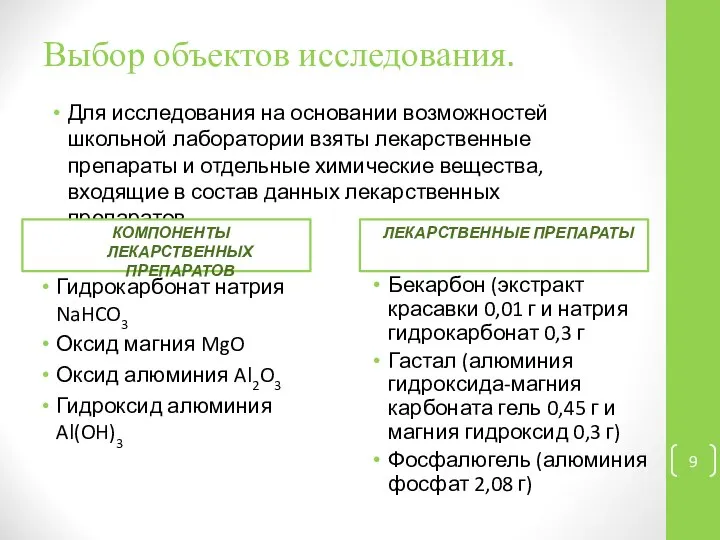 Выбор объектов исследования. Для исследования на основании возможностей школьной лаборатории взяты